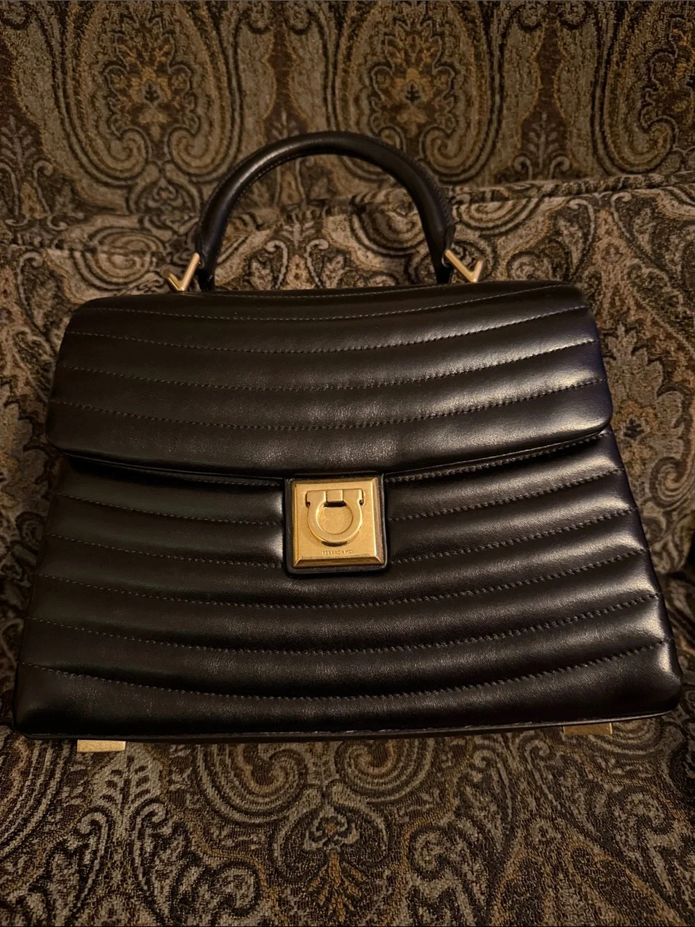 Salvatore Ferragamo Black Quilted Leather Shoulder Bag with Gold Chain Strap